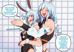 Rule 34 | 2girls, animal ear fluff, animal ears, blue hair, blush, braid, breasts, buck teeth, hair ornament, hentaly, hololive, long hair, looking at viewer, mature female, medium breasts, mother and daughter, multicolored hair, multiple girls, open mouth, pekomama, rabbit ears, rabbit girl, red eyes, short eyebrows, smile, teeth, thick eyebrows, twin braids, two-tone hair, usada pekora, virtual youtuber, white hair