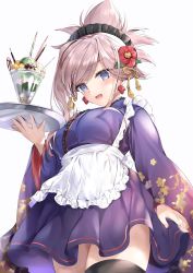 Rule 34 | 1girl, apron, black thighhighs, blue eyes, blush, breasts, commentary request, cowboy shot, earrings, fate/grand order, fate (series), fingernails, flower, food, frills, from below, hair ornament, hane yuki, highres, holding, ice cream, japanese clothes, jewelry, looking at viewer, maid, maid headdress, medium breasts, miyamoto musashi (fate), pink hair, simple background, smile, solo, thighhighs, tray, wa maid, white background, wide sleeves