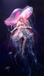 Rule 34 | 1girl, absurdres, air bubble, bare shoulders, barefoot, blunt bangs, bow, breasts, bubble, chrysa ( sa0ru), closed mouth, commentary, detached sleeves, dress, english commentary, full body, highres, jellyfish, layered dress, long hair, looking at viewer, medium breasts, original, pink bow, pink eyes, pink hair, short sleeves, solo, strapless, strapless dress, underwater, white dress