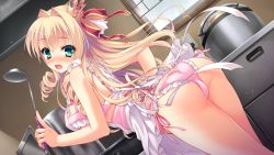Rule 34 | 1girl, apron, ass, blonde hair, blush, bow, bra, breasts, cameltoe, corset, crown, drill hair, dutch angle, covered erect nipples, erland marigold bruette, flying sweatdrops, frilled bra, frilled panties, frills, game cg, green eyes, hair bow, hair intakes, hair ribbon, kitchen, ladle, leaning forward, long hair, looking at viewer, looking back, love love princess, marigold bruette erland, mini crown, nearly naked apron, open mouth, panties, pink bra, pink panties, ribbon, rice cooker, rubi-sama, side-tie panties, sideboob, solo, surprised, twin drills, underwear