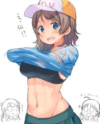 Rule 34 | 10s, 3girls, abs, bad id, bad twitter id, baseball cap, blue eyes, blush, breasts, brown hair, clothes lift, hat, lifted by self, looking at viewer, love live!, love live! school idol festival, love live! sunshine!!, multiple girls, navel, open mouth, robin16, sakurauchi riko, shirt, shirt lift, takami chika, undressing, watanabe you, wet, wet clothes, yuri