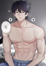 Rule 34 | 1boy, abs, bed, black hair, garbage time, grey eyes, highres, korean text, male focus, male underwear, muscular, muscular male, short hair, solo, topless male, underwear, zco111
