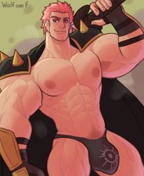 Rule 34 | 1boy, abs, armor, armpit hair, armpits, artist name, bara, biceps, black male swimwear, bulge, cape, f con, feet out of frame, fingerless gloves, fire emblem, fire emblem: three houses, fire emblem warriors: three hopes, gauntlets, gloves, highres, holding, holding weapon, holst sigiswald goneril, large pectorals, looking at viewer, male focus, male swimwear, manly, mature male, navel, navel hair, nintendo, nipples, over shoulder, pectorals, pink eyes, pink hair, short hair, shoulder armor, signature, simple background, smirk, solo, spiked armor, spiked hair, swimsuit, thick arms, thick eyebrows, thick thighs, thighs, thong, veins, veiny arms, weapon, weapon over shoulder