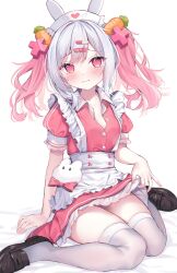 Rule 34 | + +, 1girl, animal ears, apron, arm support, bed sheet, black footwear, blush, breasts, buttons, carrot hair ornament, cleavage, clothes pull, collarbone, collared shirt, commentary, eip (pepai), fake animal ears, food-themed hair ornament, frilled apron, frilled skirt, frilled sleeves, frills, frown, full body, hair between eyes, hair intakes, hair ornament, hat, heart, heart hair ornament, highres, multicolored hair, nurse, nurse cap, original, partially unbuttoned, pill hair ornament, pink eyes, pink hair, pink shirt, pink skirt, puffy short sleeves, puffy sleeves, rabbit ears, shirt, shirt tucked in, short sleeves, sitting, skirt, skirt pull, small breasts, thighhighs, twintails, wariza, white apron, white background, white hair, white thighhighs, x