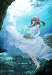 Rule 34 | 1girl, ahoge, azur lane, bad id, bad pixiv id, bare shoulders, barefoot, barefoot sandals (jewelry), black hair, bouquet, breasts, bridal gauntlets, bride, caustics, cleavage, commentary, detached sleeves, dress, expressionless, eyes visible through hair, flower, full body, hair flower, hair ornament, highres, holding, holding bouquet, medium hair, multicolored hair, red eyes, sidelocks, solo, standing, streaked hair, sumi (kjtd2458), u-47 (azur lane), underwater, wedding dress, white bridal gauntlets, white dress