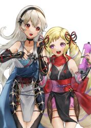 Rule 34 | 2girls, absurdres, black hairband, black ribbon, blonde hair, breasts, cleavage, corrin (female) (fire emblem), corrin (female) (ninja) (fire emblem), corrin (fire emblem), cowboy shot, elise (fire emblem), elise (ninja) (fire emblem), fire emblem, fire emblem fates, fire emblem heroes, flat chest, grey hair, hair ribbon, hairband, highres, holding, holding another&#039;s arm, holding scroll, howaito gyuunyuu, japanese clothes, long hair, looking at another, medium breasts, multicolored hair, multiple girls, ninja, nintendo, official alternate costume, open mouth, pointy ears, purple hair, red eyes, red ribbon, ribbon, scroll, shuriken hair ornament, teeth, twintails, two-tone hair, upper teeth only, white background