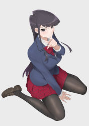 Rule 34 | 1girl, absurdres, arm support, between legs, black eyes, black hair, black pantyhose, blazer, blue jacket, bow, bowtie, breasts, brown footwear, closed mouth, collared shirt, commentary request, female focus, finger to mouth, full body, grey background, hand between legs, hand up, highres, jacket, komi-san wa komyushou desu, komi shouko, long hair, long sleeves, looking at viewer, medium breasts, necktie, pantyhose, pleated skirt, red bow, red bowtie, red skirt, school uniform, shirt, shoes, simple background, skirt, solo, straight hair, striped clothes, striped necktie, striped skirt, takita (takita3411), white shirt
