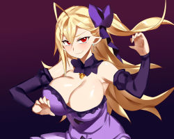 Rule 34 | 1girl, ahoge, asymmetrical hair, bare shoulders, blonde hair, blush, bow, breasts, carmilla vanstein, cleavage, closed mouth, collar, detached collar, detached sleeves, dress, earrings, female focus, gradient background, hair between eyes, hair bow, hataage! kemono michi, jewelry, large breasts, long hair, looking at viewer, pointy ears, purple background, purple bow, purple collar, purple dress, purple sleeves, red eyes, side ponytail, smile, smug, solo, strapless, strapless dress, upper body, vampire, yostxxx