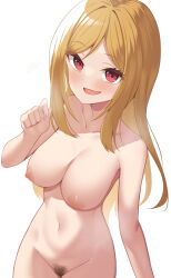 Rule 34 | 1girl, :d, binsen, blonde hair, blush, breasts, collarbone, female pubic hair, groin, highres, idolmaster, idolmaster million live!, large breasts, long hair, momose rio, navel, nipples, nude, open mouth, parted bangs, pubic hair, red eyes, simple background, smile, solo, very long hair, white background