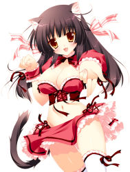 Rule 34 | 1girl, animal ears, black hair, blush, breasts, cat ears, cat tail, cleavage, large breasts, long hair, midriff, navel, open mouth, original, ribbon, shigunyan, solo, tail, thighhighs, white thighhighs, wrist cuffs, yellow eyes