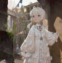 Rule 34 | 1girl, 1other, ahoge, blue eyes, cityscape, commentary, dated commentary, dress, earrings, english commentary, final fantasy, final fantasy xiv, flat chest, glowing, highres, jewelry, jung wonjo, lalafell, long sleeves, looking away, medium hair, necklace, outdoors, parted lips, pine tree, pointy ears, puffy long sleeves, puffy sleeves, solo focus, teeth, tree, twintails, warrior of light (ff14), white dress, white hair