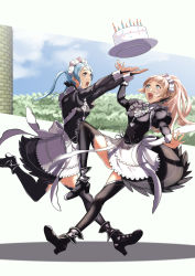 Rule 34 | 2girls, absurdres, apron, aqua eyes, birthday cake, black dress, black feathers, black legwear, blue hair, bow, breasts, bridal gauntlets, cake, cloud, commentary request, day, dress, dropping, feathers, felicia (fire emblem), fire emblem, fire emblem fates, flora (fire emblem), food, grey eyes, high heels, highres, juliet sleeves, long sleeves, maid, maid headdress, multiple girls, nintendo, open mouth, outdoors, pink hair, ponytail, puffy long sleeves, puffy sleeves, ribbon, shadow, siblings, sisters, sky, sukkirito (rangusan), thighhighs, twins, waist apron, white apron, white bow, white ribbon, zettai ryouiki