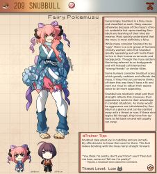 Rule 34 | 1boy, animal feet, animal hands, artist name, black hair, blue kimono, blue leg warmers, breasts, brown background, brown eyes, character name, character profile, commentary, creatures (company), english commentary, english text, frilled kimono, frills, game freak, garter straps, gen 2 pokemon, highres, japanese clothes, kimono, kinkymation, medium breasts, nintendo, obi, personification, pink hair, poke ball, poke ball (basic), pokemon, pokemon ears, sash, short hair with long locks, short kimono, snubbull, thighhighs, toeless legwear, tusks, uncensored, white thighhighs