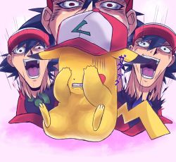 Rule 34 | 1boy, ash ketchum, bad id, bad pixiv id, baseball cap, clothed pokemon, covering own eyes, creatures (company), creepy, evil smile, fingerless gloves, game freak, gen 1 pokemon, gloves, grimace, hat, laughing, leaning back, matsumoto rika, nintendo, open mouth, parody, pikachu, pokemon, pokemon (anime), pokemon (creature), sitting, sleeping, smile, style parody, turizao, voice actor connection, what, yu-gi-oh!