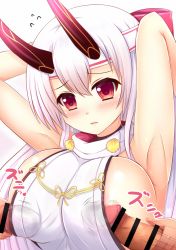Rule 34 | 1girl, armpits, arms up, bar censor, board game, breasts, censored, fate/grand order, fate (series), go (board game), hair between eyes, hair ribbon, headband, horns, japanese clothes, kane-neko, large breasts, long hair, oni horns, paizuri, paizuri under clothes, penis, red eyes, ribbon, sideboob, silver hair, solo focus, tomoe gozen (fate)