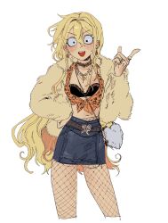Rule 34 | 1girl, 434355i, bag, belt, black belt, black tank top, blonde hair, blue skirt, breasts, cleavage, commentary, cross, cross necklace, denim, denim skirt, earrings, fashion, fishnet pantyhose, fishnets, fur jacket, gyaru, hand on own hip, highres, index finger raised, jacket, jewelry, long hair, looking at viewer, midriff, miniskirt, navel, necklace, open clothes, open jacket, open mouth, original, pantyhose, shoulder bag, simple background, skirt, small breasts, solo, standing, symbol-only commentary, tank top, teeth, upper teeth only, v-shaped eyebrows, very long hair, white background