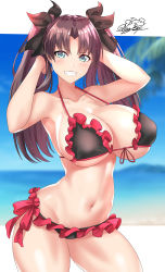 Rule 34 | 1girl, absurdres, alternate breast size, armpits, arms behind head, arms up, bare shoulders, beach, bikini, black bikini, black bow, blue eyes, blue sky, blurry, blurry background, blush, bow, breasts, brown hair, cleavage, collarbone, day, fate/stay night, fate (series), frilled bikini, frills, grin, hair bow, highres, large breasts, long hair, looking at viewer, navel, nez-box, ocean, outdoors, parted bangs, sky, smile, solo, swimsuit, thighs, tohsaka rin, twintails