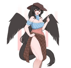 Rule 34 | 1girl, bare shoulders, black hair, black wings, cowboy hat, feathered wings, hat, highres, horse girl, horse tail, kurokoma saki, looking at viewer, mata (matasoup), multicolored clothes, off-shoulder shirt, off shoulder, overskirt, red eyes, shirt, smile, solo, tail, thighs, thumbs up, touhou, wings