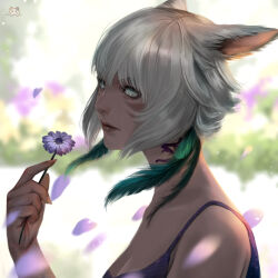 Rule 34 | 1girl, animal ears, bare shoulders, blind, blurry, blurry background, cat ears, collarbone, commentary, english commentary, expressionless, facial mark, falling petals, feather hair ornament, feathers, final fantasy, final fantasy xiv, flower, from side, grey hair, hair ornament, hand up, highres, holding, holding flower, llen chabbie, looking ahead, miqo&#039;te, neck tattoo, petals, portrait, short hair, slit pupils, solo, tattoo, white eyes, wind, y&#039;shtola rhul