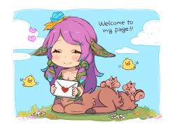 Rule 34 | 1girl, :3, bird, breasts, centauroid, cherii (cherry sister), chibi, chipmunk, cleavage, closed eyes, closed mouth, cloud, collarbone, commentary, dot nose, english text, eyelashes, flower, forehead, grass, hair flower, hair ornament, heart, holding, hooves, league of legends, letter, lillia (league of legends), long hair, love letter, low twintails, monster girl, outdoors, parted bangs, pink hair, plant, pointy ears, simple background, smile, solo, squirrel, taur, twintails, vines, white background