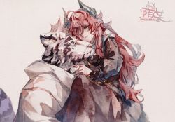 Rule 34 | 1boy, 1girl, absurdres, ahoge, arknights, black dress, blush, carrying, closed mouth, domma (arknights), dress, furry, furry male, grey eyes, hetero, highres, horns, long hair, mountain (arknights), moyu marginal, parted lips, pointy ears, princess carry, red hair