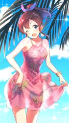 Rule 34 | 1girl, ;d, blue bow, blue sky, blush, bow, brown hair, cloud, dress, highres, idolmaster, idolmaster million live!, leaf print, lens flare, looking at viewer, one eye closed, open mouth, outdoors, palm tree, pink dress, ponytail, satake minako, see-through silhouette, skirt hold, sky, sleeveless, sleeveless dress, smile, solo, sunlight, tree, wattsu
