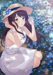 Rule 34 | 1girl, arms up, bare arms, bare shoulders, black hair, blue flower, blush, brown hat, dress, flower, from above, haru (hiyori-kohal), hat, hat flower, highres, looking at viewer, looking up, original, parted lips, sleeveless, sleeveless dress, solo, squatting, sun hat, sundress, swept bangs, white dress, yellow eyes