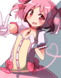 Rule 34 | 10s, absurdres, gloves, highres, kaname madoka, mahou shoujo madoka magica, mahou shoujo madoka magica (anime), pachio, pink eyes, pink hair, school uniform, short hair, short twintails, solo, twintails, v, white gloves
