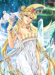 Rule 34 | 1990s (style), 1girl, aged up, bare arms, bare shoulders, bishoujo senshi sailor moon, blonde hair, blue eyes, breasts, cleavage, collarbone, crescent, crescent facial mark, crescent moon, crown, crystal, double bun, dress, earrings, facial mark, forehead mark, grin, hair bun, head tilt, highres, holding, holding staff, jewelry, lips, lipstick, long dress, long hair, magical girl, makeup, medium breasts, miryusaykaz, moon, neck, neo queen serenity, parted bangs, parted lips, princess serenity, retro artstyle, ribbon, scepter, see-through, sky, smile, solo, staff, star (sky), strapless, strapless dress, tiara, tsukino usagi, twintails, very long hair, white dress, wings