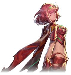 Rule 34 | 1girl, armor, black gloves, breasts, closed eyes, closed mouth, earrings, eyelashes, fingerless gloves, floating hair, framed breasts, gem, gloves, hair ornament, headpiece, jewelry, large breasts, leaning back, leotard, neon trim, official art, pyra (xenoblade), red hair, red shorts, saitou masatsugu, short hair, short shorts, short sleeves, shorts, sidelocks, skin tight, solo, standing, swept bangs, thighhighs, tiara, transparent background, turtleneck, underbust, vambraces, xenoblade chronicles (series), xenoblade chronicles 2