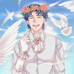 Rule 34 | 1boy, a xi, bad id, bad pixiv id, bird, blue hair, blue sky, collared shirt, day, dove, closed eyes, facing viewer, feathers, flower wreath, gloves, highres, jojo no kimyou na bouken, jonathan joestar, male focus, neckerchief, shirt, sky, smile, solo, upper body, white gloves, white shirt