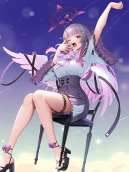 Rule 34 | 1girl, angel wings, arm up, black ribbon, blunt bangs, blush, bow, breasts, chair, colored inner hair, commentary request, eyelashes, feathered wings, feet, floating, frilled shirt, frilled sleeves, frills, full body, gradient background, gradient hair, hair ornament, halo, hand up, highres, indie virtual youtuber, knees together feet apart, legs, long hair, medium breasts, multicolored hair, nail polish, neck ribbon, one eye closed, open mouth, pink hair, pleated skirt, purple bow, purple eyes, purple hair, purple nails, purple skirt, ribbon, sandals, second-party source, shirt, shiu alia, sitting, skirt, solo, star (symbol), strappy heels, suraimu (suraimuraimu), thigh strap, thighs, toenail polish, toenails, toes, virtual youtuber, white shirt, wide sleeves, wings, yawning