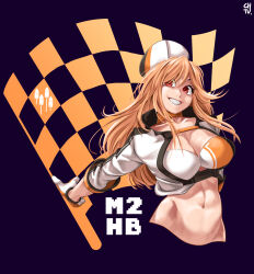 Rule 34 | 1girl, absurdres, breasts, character name, choker, chtv, crop top, cropped jacket, girls&#039; frontline, highres, large breasts, long hair, m2hb (cheers on the blazing tarmac) (girls&#039; frontline), m2hb (girls&#039; frontline), midriff, navel, official alternate costume, orange choker, orange hair, race queen, red eyes, sleeve cuffs, smile, solo, two-sided gloves