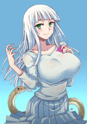 Rule 34 | 1girl, animal, aoi manabu, blunt bangs, breasts, closed mouth, collarbone, condom, cowboy shot, eyebrows hidden by hair, gradient background, green eyes, hakudou yayoi, hand on own chest, hands up, highres, hoshi no samidare, jewelry, large breasts, light blush, long hair, long sleeves, looking at viewer, medium skirt, pleated skirt, ring, shea moon, skirt, smile, snake, sweat, white hair