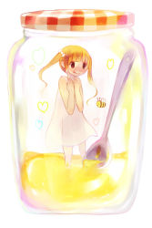 Rule 34 | 1girl, :q, bee, blonde hair, bug, child, dress, hair bobbles, hair ornament, heart, honey, in container, insect, jar, mini person, minigirl, original, see-through, solo, spoon, sundress, tamayo, tongue, tongue out, twintails, white dress
