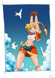 Rule 34 | 1girl, bandages, bird, blonde hair, blue eyes, breasts, chrono cross, closed mouth, cloud, facial mark, gloves, high ponytail, highres, jewelry, kid (chrono cross), long hair, midriff, momomoxeno, multi-tied hair, navel, necklace, ponytail, skirt, smile, solo, vest