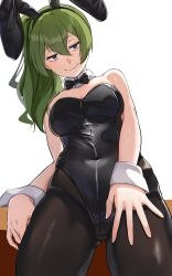 Rule 34 | 1girl, animal ears, black leotard, bow, bowtie, breasts, covered navel, fake animal ears, green hair, highres, leotard, looking at viewer, medium breasts, pantyhose, playboy bunny, rabbit ears, side ponytail, smile, solo, sousou no frieren, ubel (sousou no frieren), yami anko