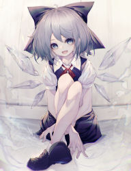 Rule 34 | 1girl, absurdres, ahoge, blue hair, bow, cirno, fang, hair bow, highres, hito komoru, ice, ice wings, crossed legs, light particles, loafers, looking at viewer, muted color, neck ribbon, open mouth, pale skin, puffy short sleeves, puffy sleeves, ribbon, shoes, short hair, short sleeves, sitting, smile, solo, touhou, wings