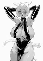 Rule 34 | 1girl, alternate breast size, animal ears, armpits, arms up, black dress, breasts, cat ears, cat girl, cat tail, cleavage, dark-skinned female, dark skin, dress, fang, final fantasy, final fantasy xiv, greyscale, highres, huge breasts, liangjushuang, monochrome, pelvic curtain, revealing clothes, short hair, steam, tail, white hair, y&#039;shtola rhul