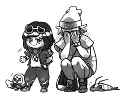 Rule 34 | &gt;:), 1boy, 1girl, bag, beak, beanie, bird, bird wings, blush, bob cut, bracelet, chibi, closed mouth, cosplay, costume switch, covering face, creatures (company), crossdressing, embarrassed, eyewear on head, feathered wings, feathers, floral print, flying sweatdrops, full body, game freak, gen 7 pokemon, greyscale, guzma (pokemon), guzma (pokemon) (cosplay), handbag, hat, hood, hood down, hooded jacket, isopod, jacket, jewelry, leaf, monochrome, motion lines, necklace, nintendo, nose blush, open clothes, open jacket, owl, pants, parted bangs, pela, poke ball theme, pokemon, pokemon sm, rowlet, selene (pokemon), selene (pokemon) (cosplay), shoes, short hair, short sleeves, shorts, simple background, smirk, sneakers, squatting, standing, strap, sunglasses, tattoo, team skull, v-shaped eyebrows, white background, wimpod, wings, z-ring