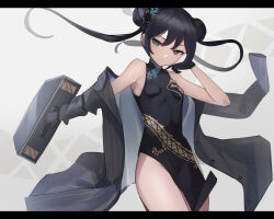 Rule 34 | 1girl, black dress, black gloves, black jacket, blue archive, breasts, butterfly hair ornament, china dress, chinese clothes, closed mouth, commentary, daweykun, double bun, dragon print, dress, gloves, grey eyes, hair bun, hair ornament, highres, holding, jacket, kisaki (blue archive), letterboxed, long hair, looking at viewer, pelvic curtain, print dress, sleeveless, sleeveless dress, small breasts, solo, striped clothes, striped jacket, thighs, twintails, vertical-striped clothes, vertical-striped jacket