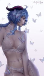 Rule 34 | 1girl, ahoge, artist name, aylisnyang, blue hair, bra, breasts, bug, butterfly, cleavage, ganyu (genshin impact), genshin impact, highres, horns, insect, lips, looking away, navel, nose, on head, panties, parted lips, solo, stomach, underwear