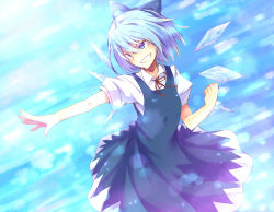Rule 34 | 1girl, blouse, blue background, blue eyes, blue hair, bow, cirno, collared shirt, detached wings, dress, grin, hair bow, ice, ice wings, matching hair/eyes, pinafore dress, puffy sleeves, satsumi, shirt, short hair, short sleeves, sleeveless dress, smile, solo, touhou, white shirt, wings