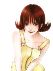 Rule 34 | 1girl, bare shoulders, breasts, brown hair, final fantasy, final fantasy viii, flipped hair, green eyes, open mouth, selphie tilmitt, short hair, skirt, small breasts, smile, solo, upper body, yellow skirt