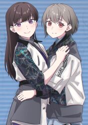 2girls absurdres bang_dream! bang_dream!_it&#039;s_mygo!!!!! black_hair blush brown_eyes closed_mouth commentary cowboy_shot dated_commentary grey_hair highres hug jacket long_hair long_sleeves looking_at_viewer mole mole_under_eye multiple_girls parted_lips photo-referenced purple_eyes raglan_sleeves raito_taisha shiina_taki short_hair smile takamatsu_tomori three-quarter_sleeves white_jacket