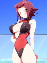 Rule 34 | 1girl, blurry, breasts, brown eyes, commentary request, covered erect nipples, cowboy shot, danpu, depth of field, front zipper swimsuit, highres, izayoi aki, large breasts, looking at viewer, meme attire, narrow waist, one-piece swimsuit, red hair, red one-piece swimsuit, short hair, solo, standing, swimsuit, turtleneck, yu-gi-oh!, yu-gi-oh! 5d&#039;s