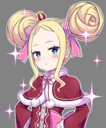 Rule 34 | 1girl, :&lt;, alternate hairstyle, beatrice (re:zero), blonde hair, blue eyes, blush, bow, capelet, closed mouth, commentary request, crown, double bun, dress, fur-trimmed capelet, fur trim, grey background, grey hair, hair bun, hair ribbon, hand on own hip, looking at viewer, outline, pink bow, pink pupils, pink ribbon, re:zero kara hajimeru isekai seikatsu, red capelet, red dress, ribbon, s (hdru2332), solo, sparkle, standing, symbol-shaped pupils, white outline