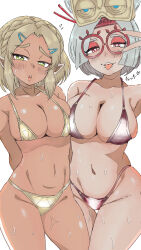 Rule 34 | 2girls, artist request, bare shoulders, bikini, blonde hair, blush, breasts, cleavage, collarbone, cowboy shot, eyeshadow, glasses, goggles, goggles on head, green eyes, grey hair, hair bun, half-closed eyes, headband, heart, heart-shaped pupils, highres, large breasts, makeup, multiple girls, naughty face, navel, nintendo, open mouth, parted bangs, pointy ears, princess zelda, purah, red-framed eyewear, red bikini, red eyes, short hair, simple background, standing, sweat, swimsuit, symbol-shaped pupils, tan, teeth, the legend of zelda, the legend of zelda: tears of the kingdom, tongue, tongue out, upper teeth only, v, white background, yellow bikini