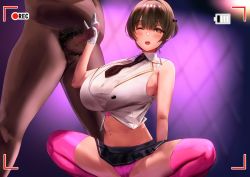 Rule 34 | 1boy, 1girl, :o, bare shoulders, black neckwear, blouse, blush, bow, breasts, brown eyes, brown hair, censored, clothed female nude male, commentary request, erection, gloved handjob, gloves, hair between eyes, hair bow, handjob, hetero, highres, idol clothes, large breasts, male pubic hair, miniskirt, mosaic censoring, navel, necktie, nude, okki (studio okki), one eye closed, open mouth, original, panties, penis, pink panties, pink thighhighs, pleated skirt, pubic hair, purple background, recording, shirt, short hair, skirt, sleeveless, sleeveless shirt, squatting, standing, thighhighs, underwear, white gloves