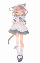 Rule 34 | 1girl, absurdres, animal ears, apron, asymmetrical legwear, blood, cat ears, cat girl, cat tail, daizu (melon-lemon), full body, grey background, hair bobbles, hair ornament, highres, jitome, looking at viewer, maid, maid headdress, mary janes, name tag, nosebleed, original, shoes, short sleeves, simple background, solo, tail, uneven legwear, wing collar